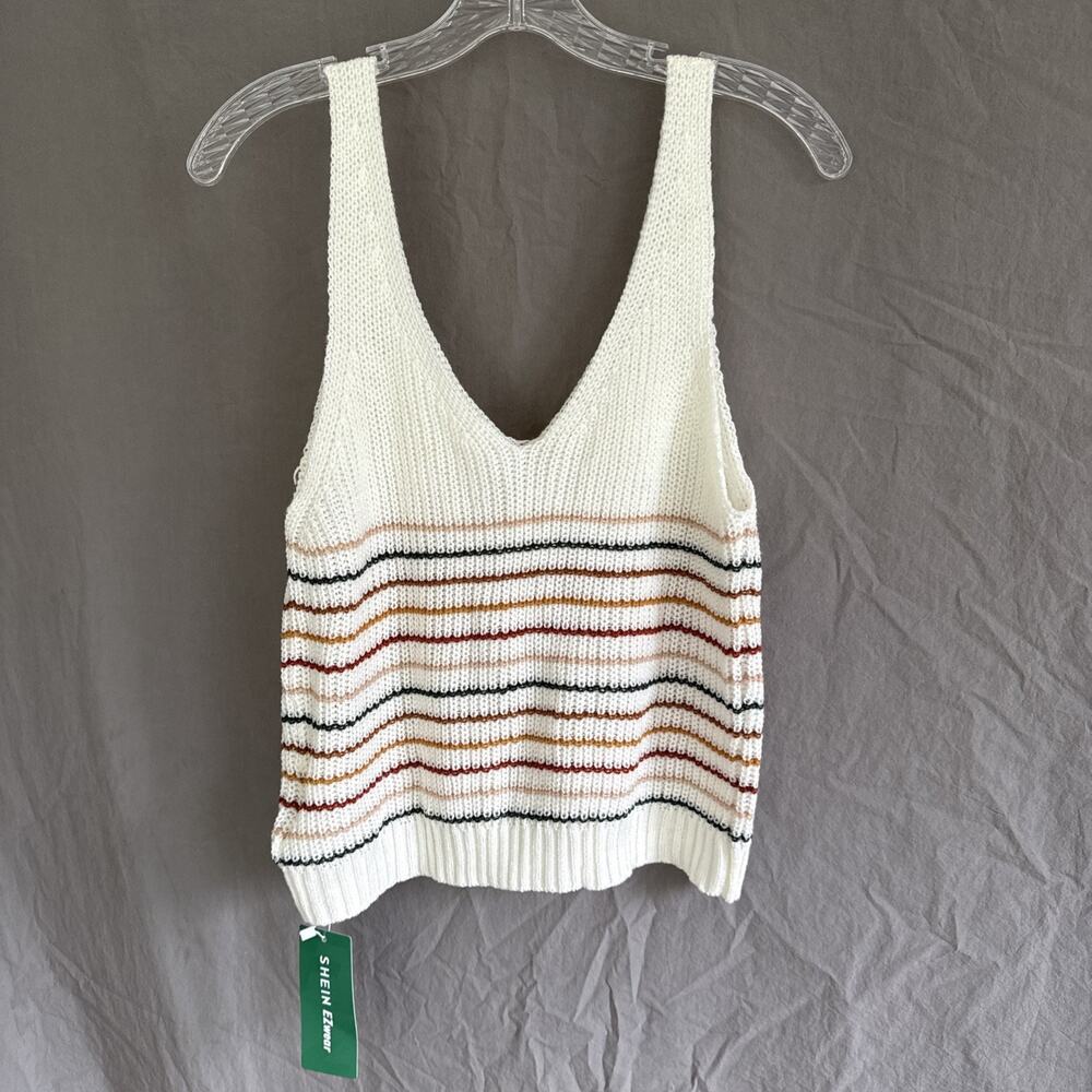 NWT Shein Rainbow Striped Knit Tank Top Cream Multicolor 70s Retro‎ Size Large